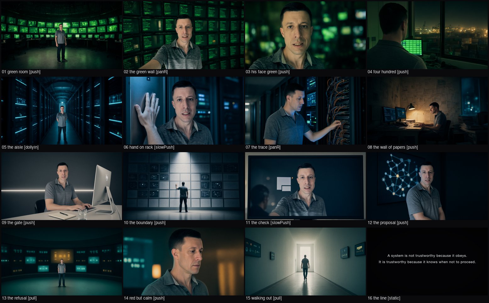 Sixteen story frames with camera moves and grade